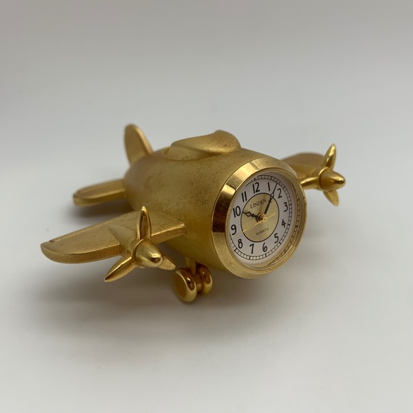 RARE Vintage Japan Movement Linden Airplane Gold Tone Small Desk Clock - Picture 1 of 11